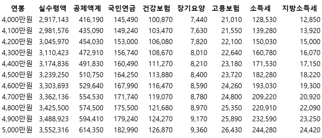 2024년 연봉 실수령액표 4,000만원 ~ 5,000만원