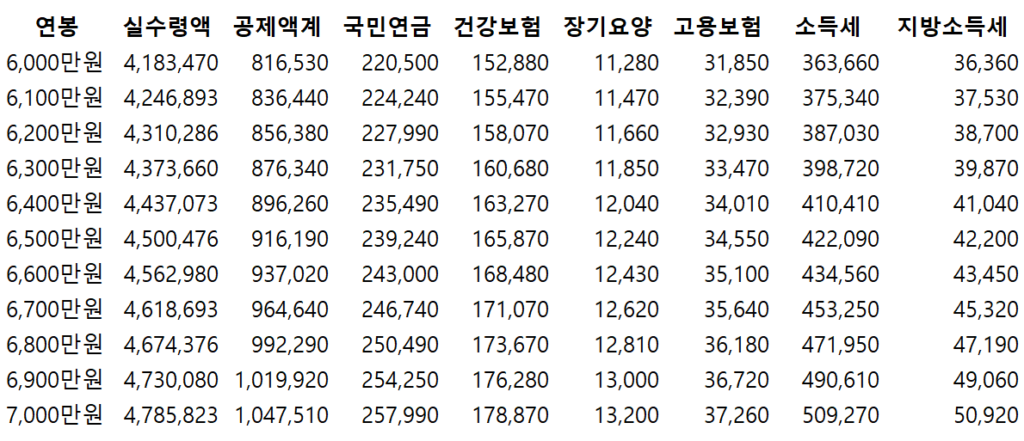 2024년 연봉 실수령액표 6,000만원 ~ 7,000만원