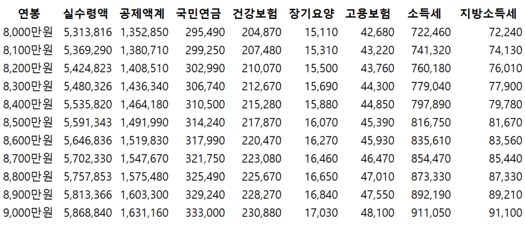 2024년 연봉 실수령액표 8,000만원 ~ 9,000만원