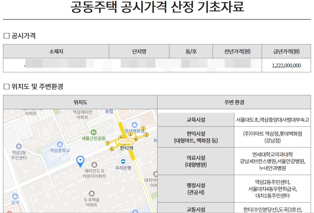 공동주택 공시가격 산정 기초자료