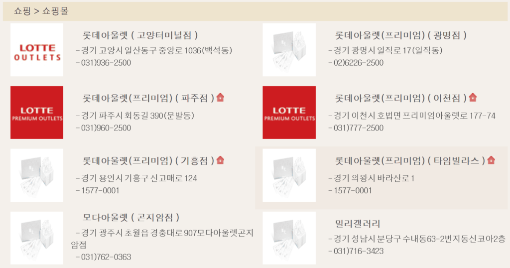 국민관광상품권 쇼핑몰(아울렛) 사용처