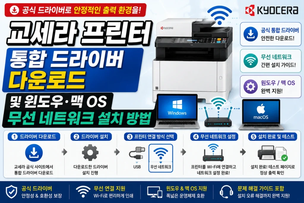 교세라 프린터 드라이버 다운로드 및 윈도우·맥 OS 무선 네트워크 설치 방법