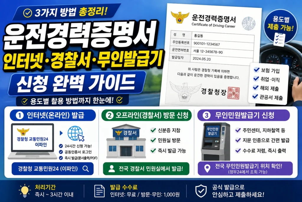 운전경력증명서 인터넷 온라인 발급, 오프라인(경찰서), 무인민원발급기 신청 완벽 가이드